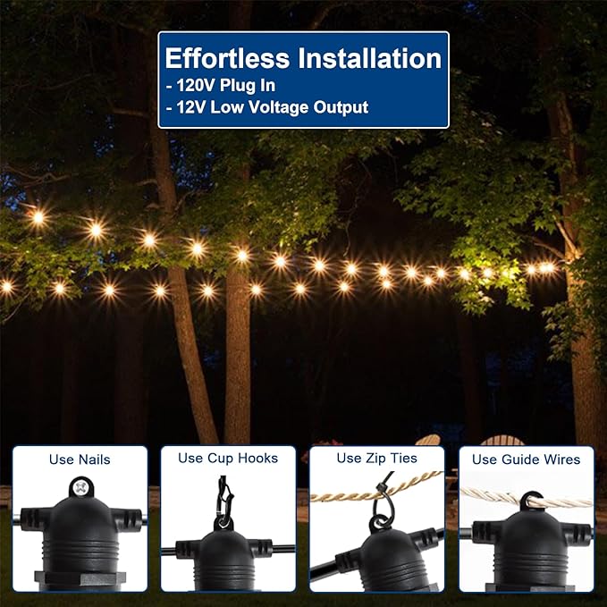 LED Outdoor String Lights 104FT with 32 Shatterproof Edison Bulbs Outside Patio, Waterproof Heavy-Duty Commercial Decorative String Light, AC to DC Plug, 3000K Warm White for Porch, Balcony, Cafe