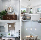 3 Lights Kitchen Island Lighting Brushed Nickel Pendant Light Fixtures with Glass Shade 31" Dining Room Chandeliers Adjustable Height Modern Linear Ceiling Hanging Light for Living Room, Foyer