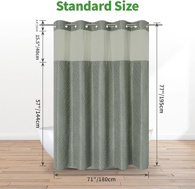 no Hook Shower Curtain and Liner Set，Boho Style with See Through Top Window, SageGreen Fabric Tufted Striped Textured Outer Curtain & Waterproof Inner Liner, SageGreen, 71Wx77H