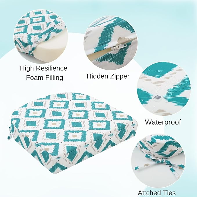 idee-home Outdoor Chair Cushions Set of 2, Thick 17" x 17" x 3" Outdoor Seat Cushions Patio Furniture Waterproof with Ties, Dining Pads
