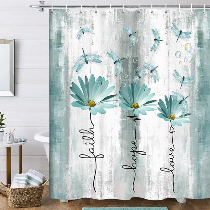 Rusitc Farmhouse Floral Shower Curtain, Farm Teal Country Daisy Flower Dragonfly and Faith Hope Love Inspirational Words Shower Curtain Set, Turquoise Balck White Bathroom Accessories Hooks, 70X84IN