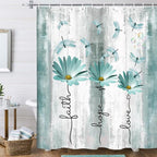 Rusitc Farmhouse Floral Shower Curtain, Farm Teal Country Daisy Flower Dragonfly and Faith Hope Love Inspirational Words Shower Curtain Set, Turquoise Balck White Bathroom Accessories Hooks, 47X64IN