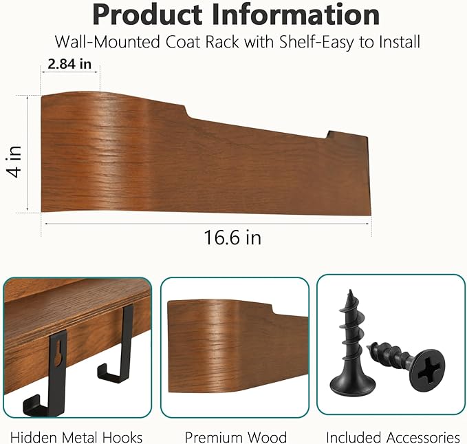 Coat Rack Wall Mount with Hidden Hooks Entryway Hanging Shelf Modern Wood Coat Hanger for Bedroom Kitchen Hallway Bathroom (Walnut, 16.6 Inch Long)