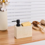 Beige Travertine Soap Dispenser with Sponge & Brush Holder – Hand & Dish Resin Soap Pump Bottle for Kitchen & Bathroom, 2-in-1 Countertop Organizer, with 2 Natural Sponges (Luxury Home Decor)