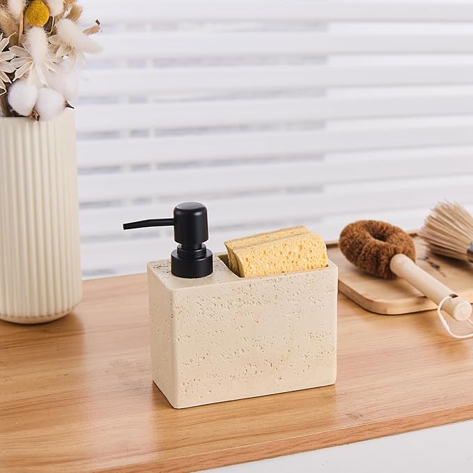 Beige Travertine Soap Dispenser with Sponge & Brush Holder – Hand & Dish Resin Soap Pump Bottle for Kitchen & Bathroom, 2-in-1 Countertop Organizer, with 2 Natural Sponges (Luxury Home Decor)