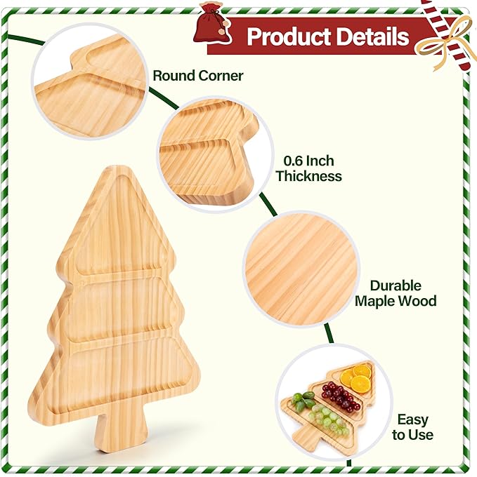 Christmas Tree Shaped Wooden Serving Tray - 12" Charcuterie Board for Cheese, Snacks, Appetizers & Desserts - Holiday Platter with Handles, Christmas Decorative Tray (12 x 8.7 x 0.6 Inches)