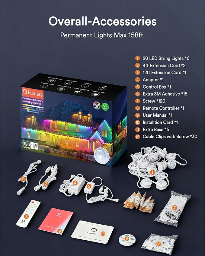 Lumary Permanent Outdoor Lights Max 158ft with 120 LED Eave Lights RGBAICW 7200lm, IP67 Waterproof, IC Control and Scene Modes for Halloween Christmas Decoration, Works with Alexa and Google Assistant