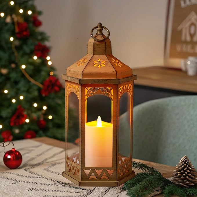 LED Hexagon Lantern with Flameless LED Candle, Unique Shape and Pattern to Give an Upscale Garden Party Vibe. Suitable for Home & Outdoor Usage or Wedding.Battery Powered (Beige)