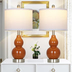 Double Gourd Ceramic Table Lamps Set of 2, Modern Red Bedside Lamps for Night Stand, Contemporary Nightstand Lamps for Bedroom Living Room (Bulb Included)