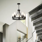 Farmhouse Chandelier Lighting Round 5 Lights Black with Glass Shade Ceiling Hanging Vintage Rustic Light Fixture for Dining Room Living Room Foyer Porch Kitchen Island