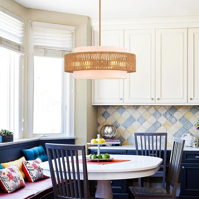 23.6" Rattan Chandelier with Linen Farmhouse Vintage Boho Hand Woven Bamboo Chandeliers Light Fixture Modern Drum Wicker Rattan Gold Chandelier for Dining Room, Kitchen, Living Room,Foyer