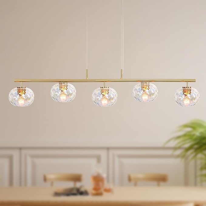 47" W Brass Chandelier Light Fixture with Stained Glass Shade, Modern Brushed Gold Island Lighting for Kitchen Dining Room