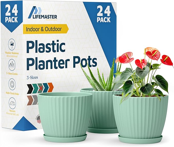 Mint 6-Inch Plant Pots with Drainage & Saucers 24 Pack, Indoor & Outdoor Planters for Houseplants, Herbs, and Flowers, Durable & Weatherproof Material, Stackable, Lightweight, Minimalist Design