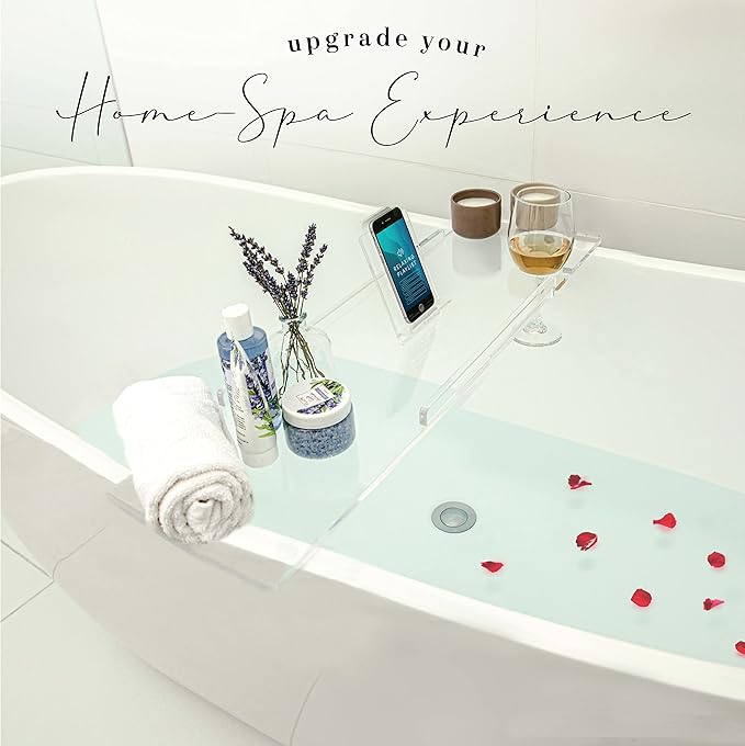 30" Supreme- Clear Bathtub Tray Caddy Tub Shelf - Spa Board Luxury Bathroom Bath tub Table - Acrylic Tub Caddy Fits Across Bathtubs - Book Rack, iPad and Wine Glass Holder
