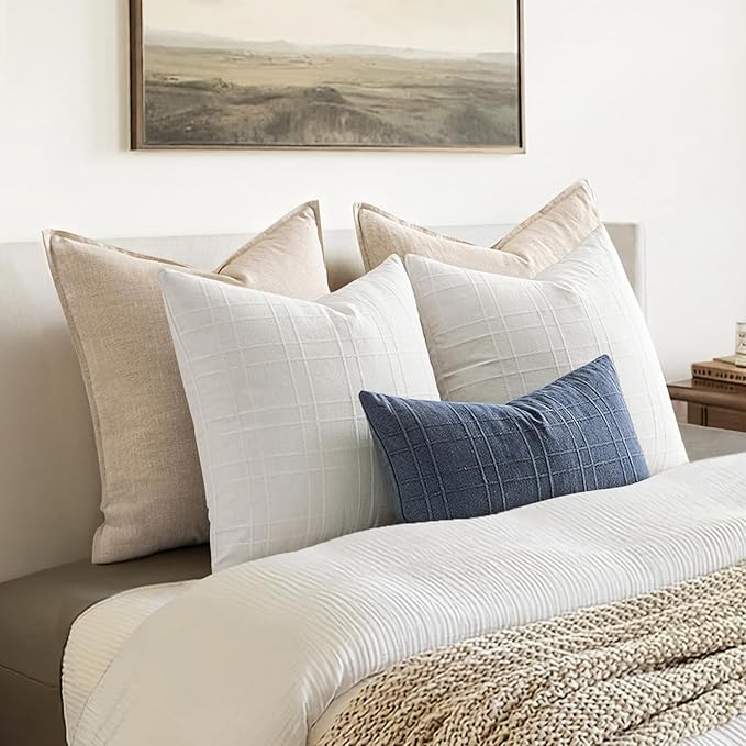 MIULEE Decorative Linen Check Lumar Throw Pillow Covers Neutral Farmhouse Vintage Christmas Pillow Covers 12x20 Set of 2 Boho Modern Home Decor for Sofa Couch Bedroom Cushion Cream White