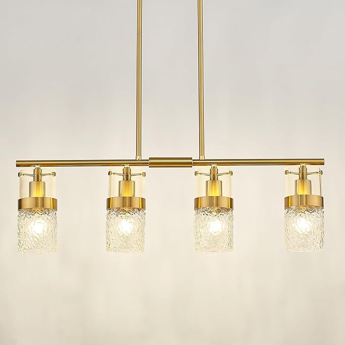LMS 4-Light Brushed Gold Island Chandelier Lights for Kitchen, Mid Century Pendant Light with Hammered Glass Shade, Farmhouse Dining Room Light Fixture, Kitchen Island, LMS-171GD-4