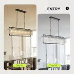 Modern Rectangle Black Crystal Chandeliers for Dining Room, 6 Lights 44" Large Rectangular Water Ripple Glass Kitchen Island Light Fixture, Linear Farmhouse Pendant Light Fixture Over Table