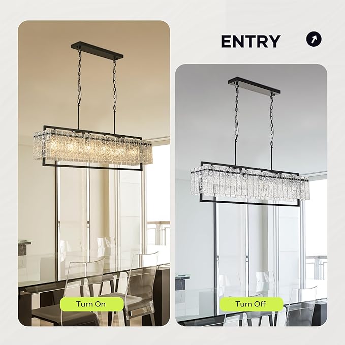 Modern Rectangle Black Crystal Chandeliers for Dining Room, 6 Lights 44" Large Rectangular Water Ripple Glass Kitchen Island Light Fixture, Linear Farmhouse Pendant Light Fixture Over Table