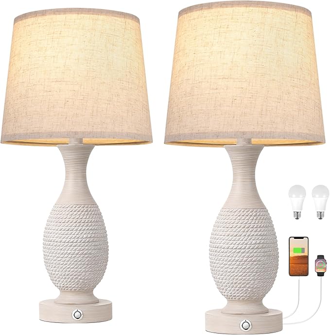 Seealle 22.6" Bedside Lamps Set of 2 with USB C+A - Dimmable Touch Lamps for Night Stands Bedroom Living Room End Table(Bulbs Included)