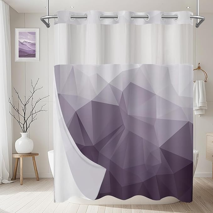 No Hook Shower Curtain with Snap in Liner and Sheer Window, Purple Modern Geometric Fabric Shower Curtain Set for Bathroom Decor, 15-Second Quick Install, Abstract Irregular Ombre, 71"X74"