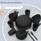 Wheat Straw Dinnerware Sets for 6 (42pcs), SGAOFIEE Unbreakable Dinnerware Set, Kitchen Plates and Bowls Set, Unbreakable Plastic Outdoor Camping Dishes, Dishwasher Microwave Safe, Black