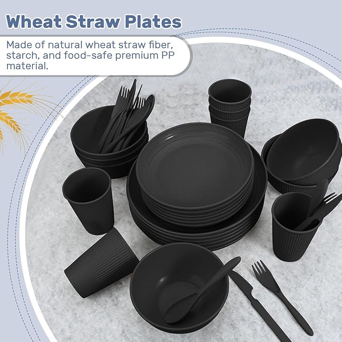 Wheat Straw Dinnerware Sets for 6 (42pcs), SGAOFIEE Unbreakable Dinnerware Set, Kitchen Plates and Bowls Set, Unbreakable Plastic Outdoor Camping Dishes, Dishwasher Microwave Safe, Black