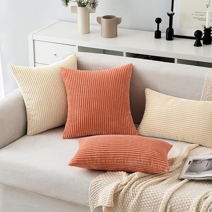 MIULEE Coral Red Corduroy Pillow Covers 16x16 Inch Set of 2 Super Soft Boho Striped Pillow Covers Decorative Textured Throw Pillows for Couch Cushion Bed Livingroom