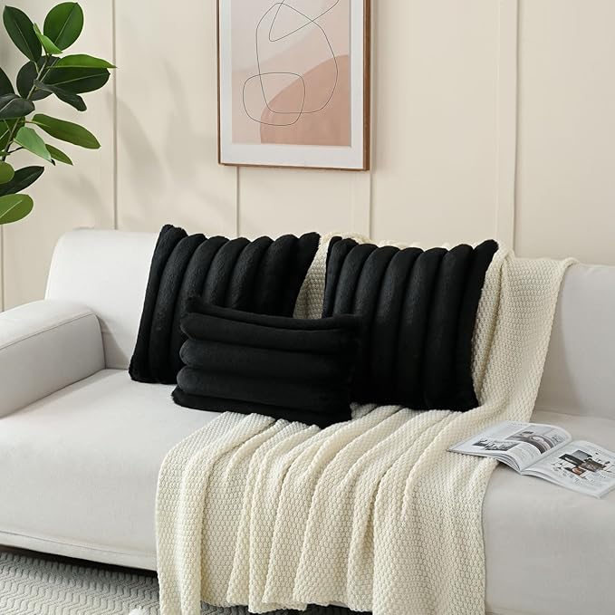 FUTEI Black Decorative Throw Pillow Covers 12x20 Inch Set of 2, Square Soft Faux Rabbit Fur Big Striped Cushion Cover,Home Decor for Couch Sofa Bed Living Room