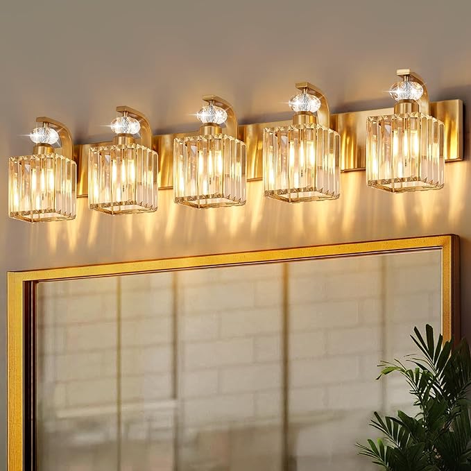 Modern Bathroom Vanity Light, 5-Light Gold Bathroom Lighting Fixtures Over Mirror, 36.3" Crystal Wall Light Sconce for Bathroom/Bedroom/Vanity, Includes LED Bulbs, Easy Installation