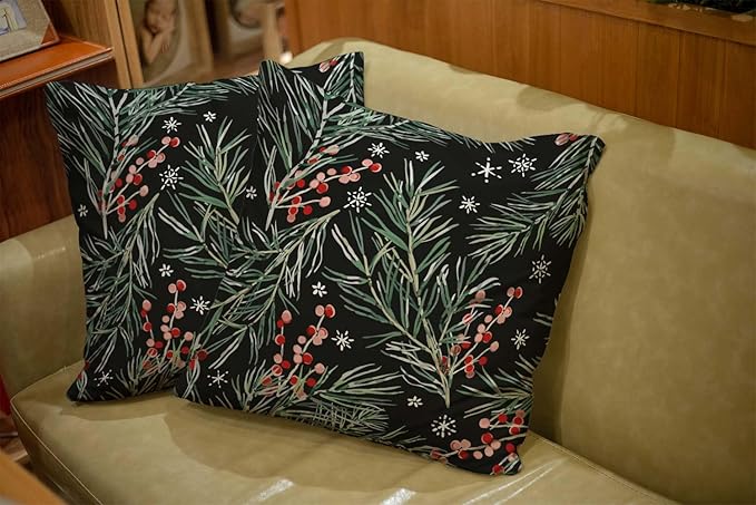 CAPSCEOLL 2PCS Black Branch Covers for Throw Pillows 18X18Inch Winter Christmas Berries Black Botanical Green Floral Forest Snowflakes Washable Pillow Covers for Bedroom Sofa Soft Throw Pillow Covers