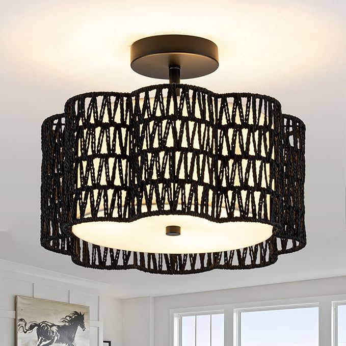 Tbaoinla✿ 13.8＂ Handwoven Rattan 3-Light | Black Boho Flush Mount for Small Bedroom & Nursery, Midnight Blossom Woven Ceiling Light, Natural Fiber Bedroom Fixture, Low Profile Rattan Lighting