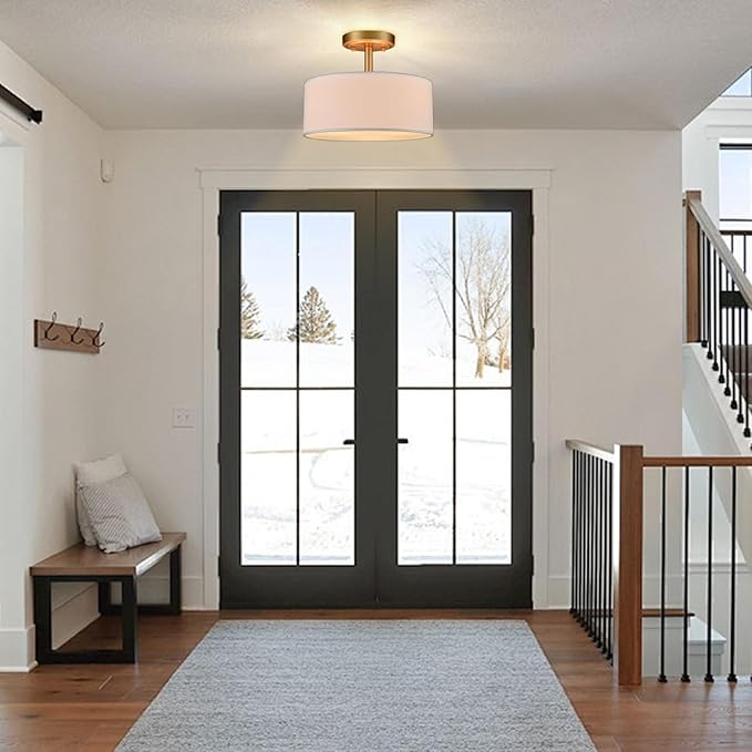 Modern Light Fixture Ceiling Mount Flush Mount Drum Ceiling Light Fixture 3 Light Gold Semi Flush Mount Ceiling Light for Hallway Bedroom Entryway Foyer Office