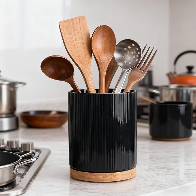 QUELIEN 360° Rotating Ceramic Utensil Crock - Large Kitchen Counter Organizer with Cork Base, Elegant Home Decor for Cooking Tools, Housewarming,Mothers Day & Christmas Gift Ideas (black)