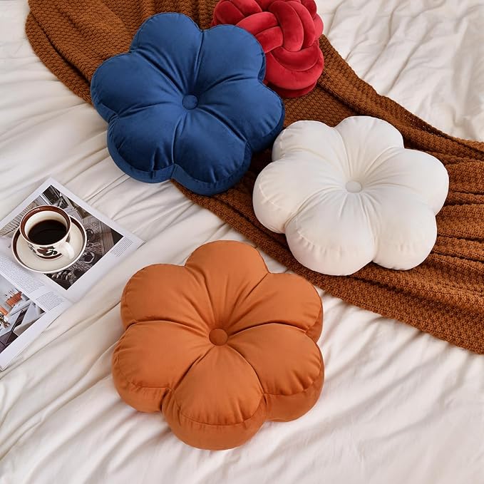 Xuyier Flower Pillow, Flower Shaped Pillow with Velvet for Couch Bed Chair Sofa, Home Decor Floor Seating Cushion Cute Throw Pillows for Living Room Bedroom (15 Inches, Caramel)