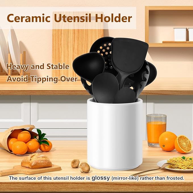 Utensil Holder Kitchen Utensil Holder for Countertop, Ceramic Cooking Utensil Holder for Kitchen Counter, Large Modern Spatula Holder Utensil Organizer Kitchen Decor, 6.5”H x 5.5”D White
