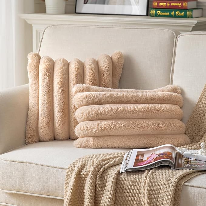 Faux Fur Plush Throw Pillow Covers 12x20 Inch Set of 2 - Luxury Decorative Fuzzy Striped Soft Cozy Pillowcase for Couch, Sofa, Living Room - Camel