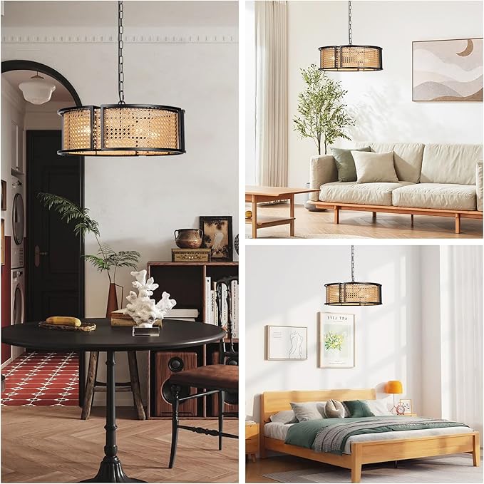 17.7" Farmhouse Rattan Chandelier, 4-Light Large Bohemian Pendant Hanging Light Fixture, Hand Woven Boho Chandelier for Dining Room, Living Room, Kitchen Island, Bedroom, Hallway, Foyer