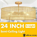 Hamilyeah 24 inch Semi Flush Mount Ceiling Light Fixture with Woven Wicker Shade, Natural Boho Rattan Light Fixture Ceiling Mount for Bedroom, Living Room, Dining Room, Kitchen and Hallway