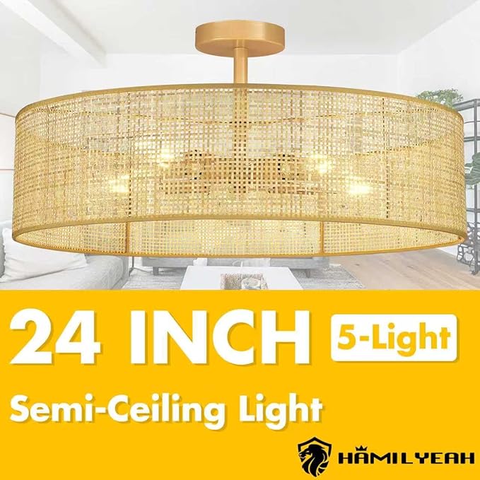 Hamilyeah 24 inch Semi Flush Mount Ceiling Light Fixture with Woven Wicker Shade, Natural Boho Rattan Light Fixture Ceiling Mount for Bedroom, Living Room, Dining Room, Kitchen and Hallway