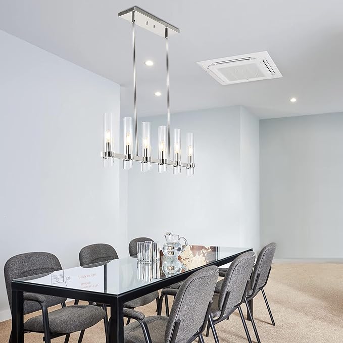 Untrammelife Polished Nickel Linear 6-Light Chandelier with Glass Shades, 36-inch Adjustable Height Modern Pendant Lighting for Kitchen Island & Dining Room, Dimmable Indoor Hanging Light Fixture