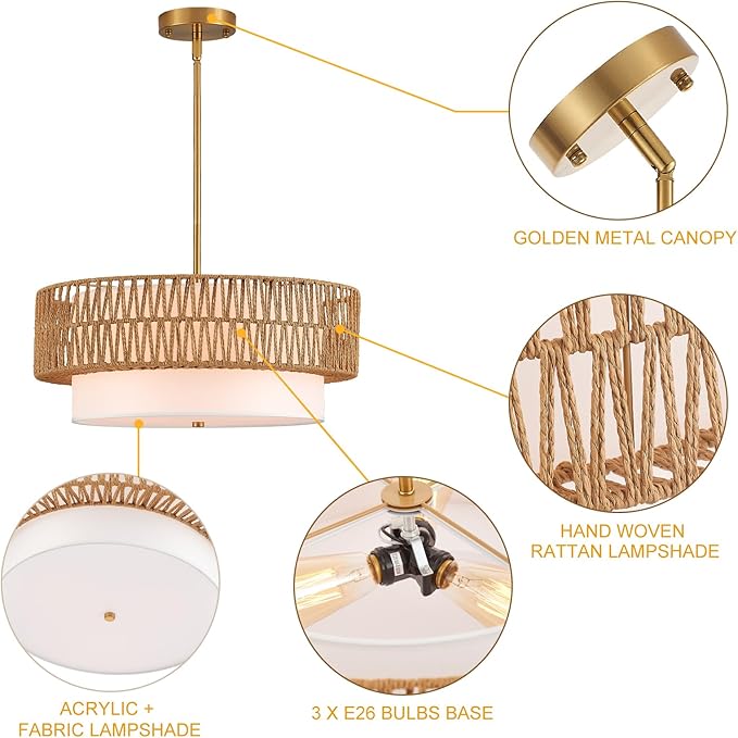 19" Rattan Chandelier 3-Light Vintage Farmhouse Hand-Woven Boho Hanging Light Fixture Modern Drum Wicker Rattan Gold Chandelier with Fabric Shade for Dining Room, Kitchen, Living Room