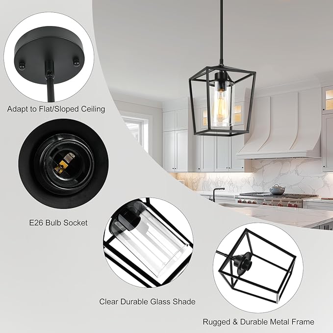 3 Pack Black Pendant Lights 1-Light Farmhouse Pendant Lights Kitchen Island Lantern Iron Cage Hanging Light Fixtures with Clear Glass Shade for Entryway, Hallway, Foyer, Porch, Dining Room