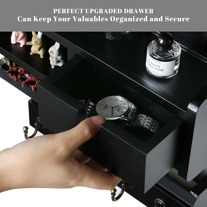 Wall Mail Organizer with Storage Drawer and 6 Hooks, Easy Install Key Rack for Entryway and Home Decor, Luxury Black