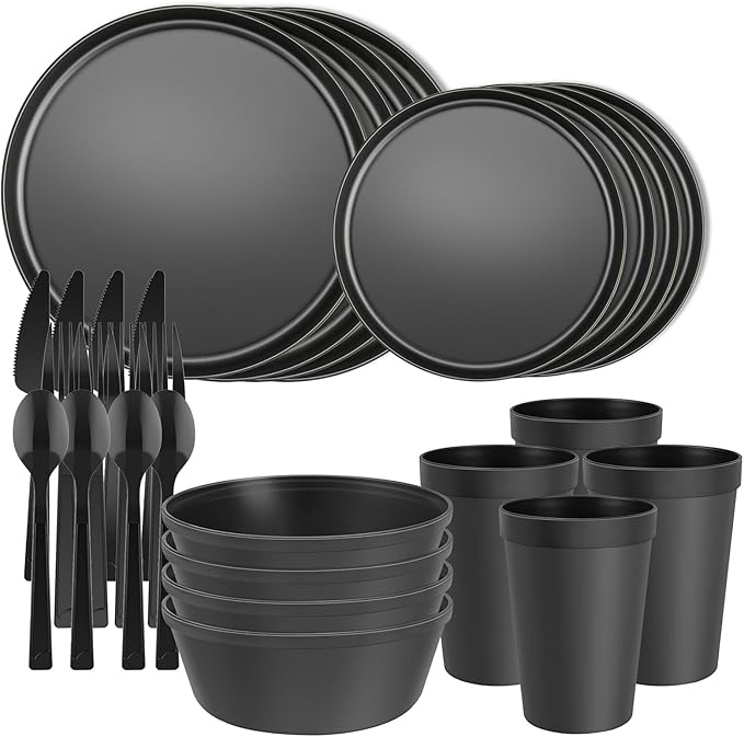 20 Piece Stackable Dinnerware Set for Small Kitchens, Modern Minimalist Plates & Flat Bottom Bowls (Pasta/Salad), Unbreakable & Microwave Safe, Black