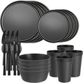 20 Piece Stackable Dinnerware Set for Small Kitchens, Modern Minimalist Plates & Flat Bottom Bowls (Pasta/Salad), Unbreakable & Microwave Safe, Black