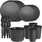 20 Piece Stackable Dinnerware Set for Small Kitchens, Modern Minimalist Plates & Flat Bottom Bowls (Pasta/Salad), Unbreakable & Microwave Safe, Black