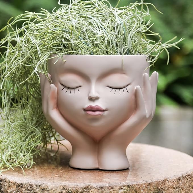 Face Planter Pots for Indoor Plants, Resin Cute Face Flower Pot for Indoor Outdoor Plants with Drainage Hole, Closed Eyes 5.3" Dia 6.3" Tall
