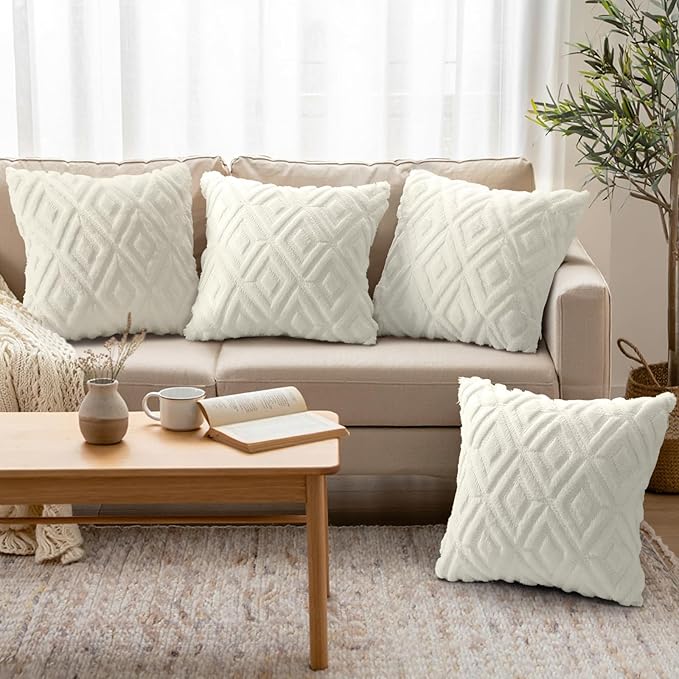 decorUhome Pack of 4 Faux Fur Throw Pillow Covers 18x18, Soft Decorative Couch Pillow Covers with Velvet Back for Modern Sofa Living Room, Cream White
