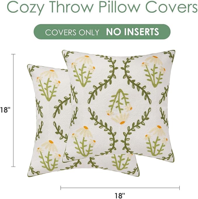 Adabana Embroidered Pillow Cover Set of 2 Farmhouse Decorative Floral Throw Pillow Covers 18x18 inch for Couch Sofa Bed Living Room Decor Green and White