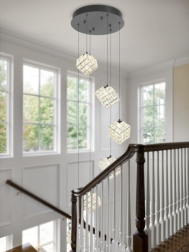 6-Lights Crystal Chandeliers for Staircases Modern Black Chandeliers for High Ceilings Crystal Pendant Light Fixture for Living Room Kitchen Island Foyer Hallway Bar